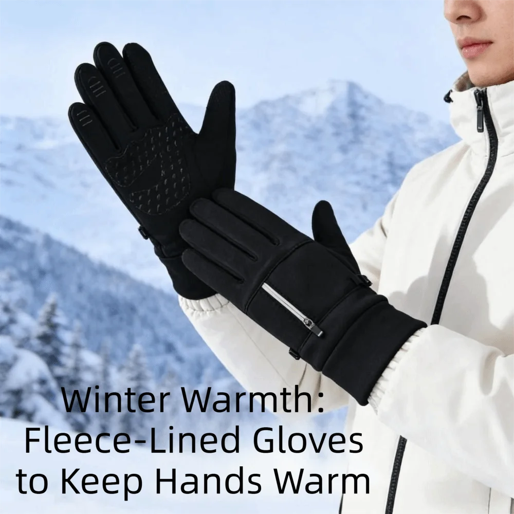 Polyester Winter Cycling Gloves Black M, L, XL Thermal Full Finger Gloves Wrist Zipper Medium-thick Zipper Winter Gloves