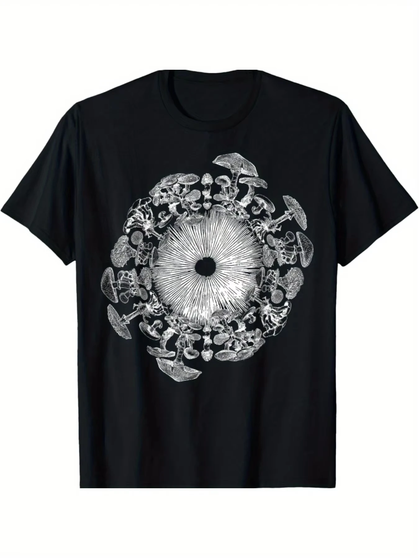 Unisex Mycologist Spore Print T-Shirt, Geometric Mushroom Graphic Crew Neck Tee, Casual Summer Streetwear Fashion Top