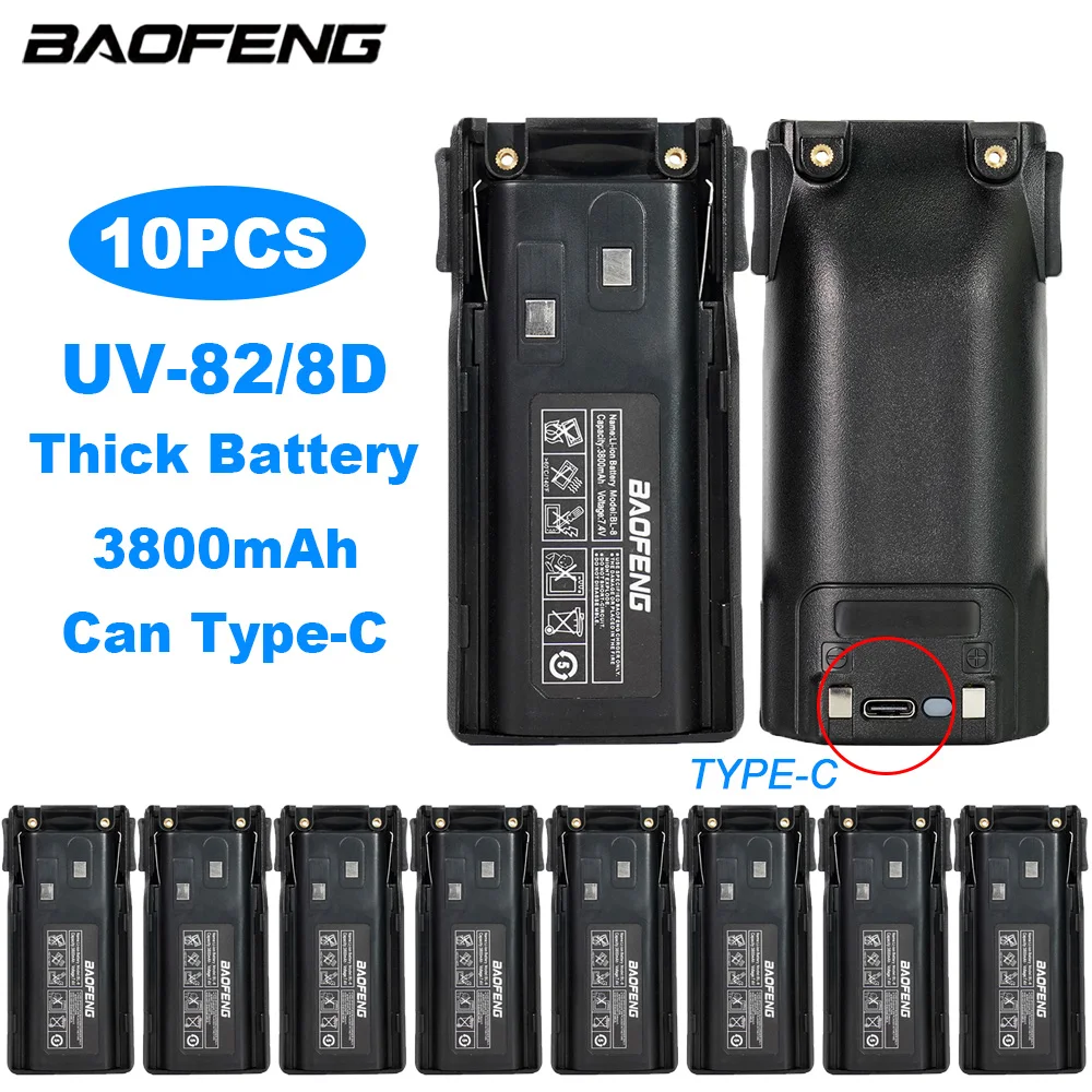 

10Pcs Baofeng UV-82 BL-8 Battery Thicke 3800mAh Li-ion Battery For UV-82HP UV82 Plus UV-8D UV-82WX UV-89 Support Type-C 2023 New