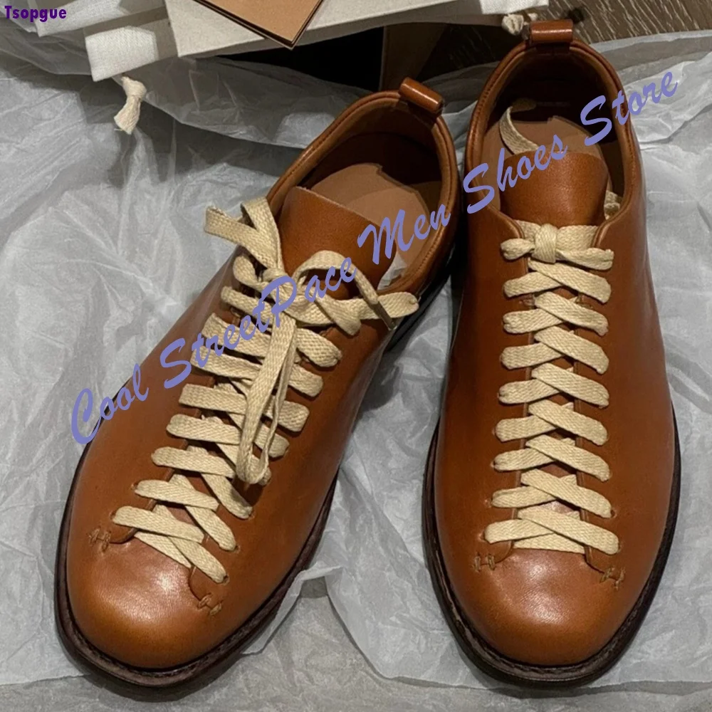 Brown Handmade Vintage Leather Oxford Shoes Men Contrast Beige Laces Hand Stitching Round Toe Thick Sole 2026 Casual Men Shoes