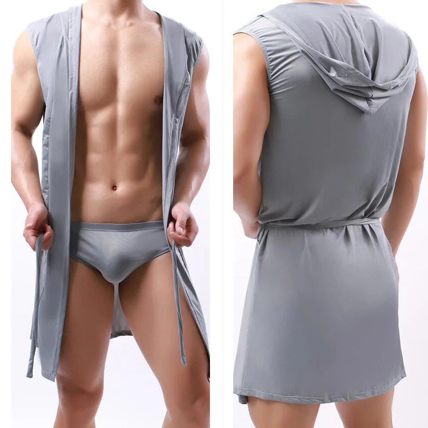 Albornoz sin mangas con capucha sedosa para hombre, ropa de dormir, pijamas, ropa de casa, albornoz de verano