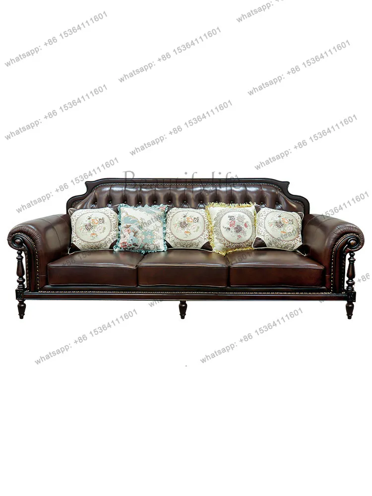 American light luxury retro all solid wood leather sofa first layer cowhide four-person living room