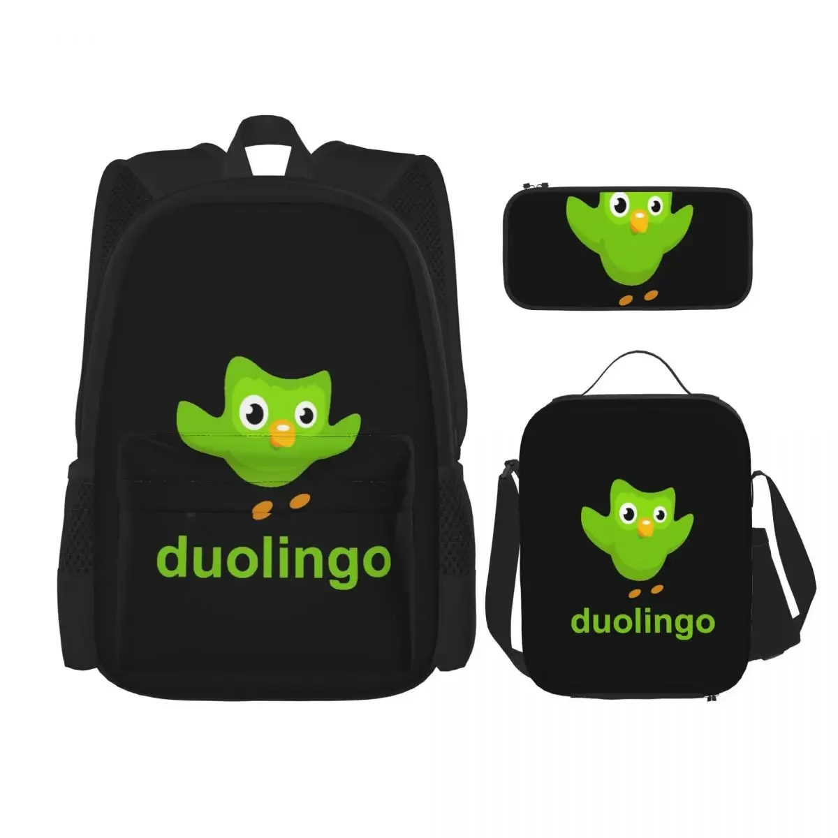 Duolingo Owl Duo Backpacks Boys Girls Bookbag Children School Bags Cartoon Kids Rucksack Lunch Bag Pen Bag Three-Piece Set