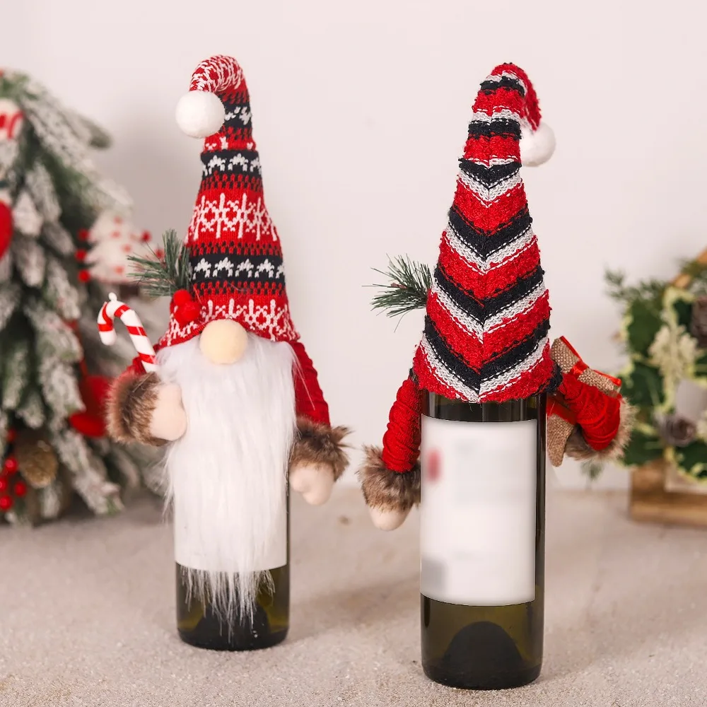 2024 Christmas Decoration Red Wine Bottle Knitted Stripe Cover Snowflake Hand Holding Cane High Pointed Hat Wine Bottle Cover