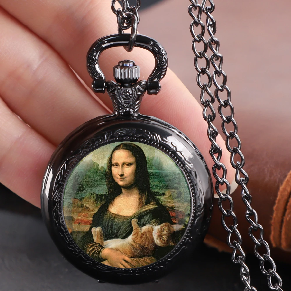 Relojes de bolsillo de cuarzo Vintage con diseño de gato Mona divertido y creativo para mujeres y hombres, reloj colgante, collar, joyería, regalos de cumpleaños