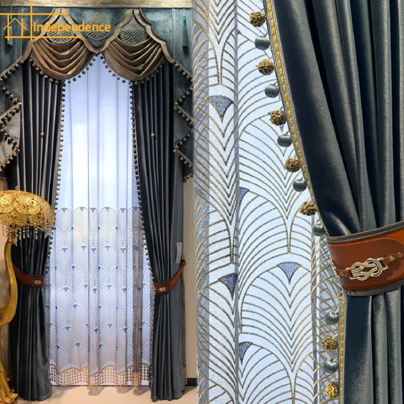 

High End Embroidery Gauze Blue Velvet Blackout Curtains for Living Room Bedroom French Window Balcony Customized Products