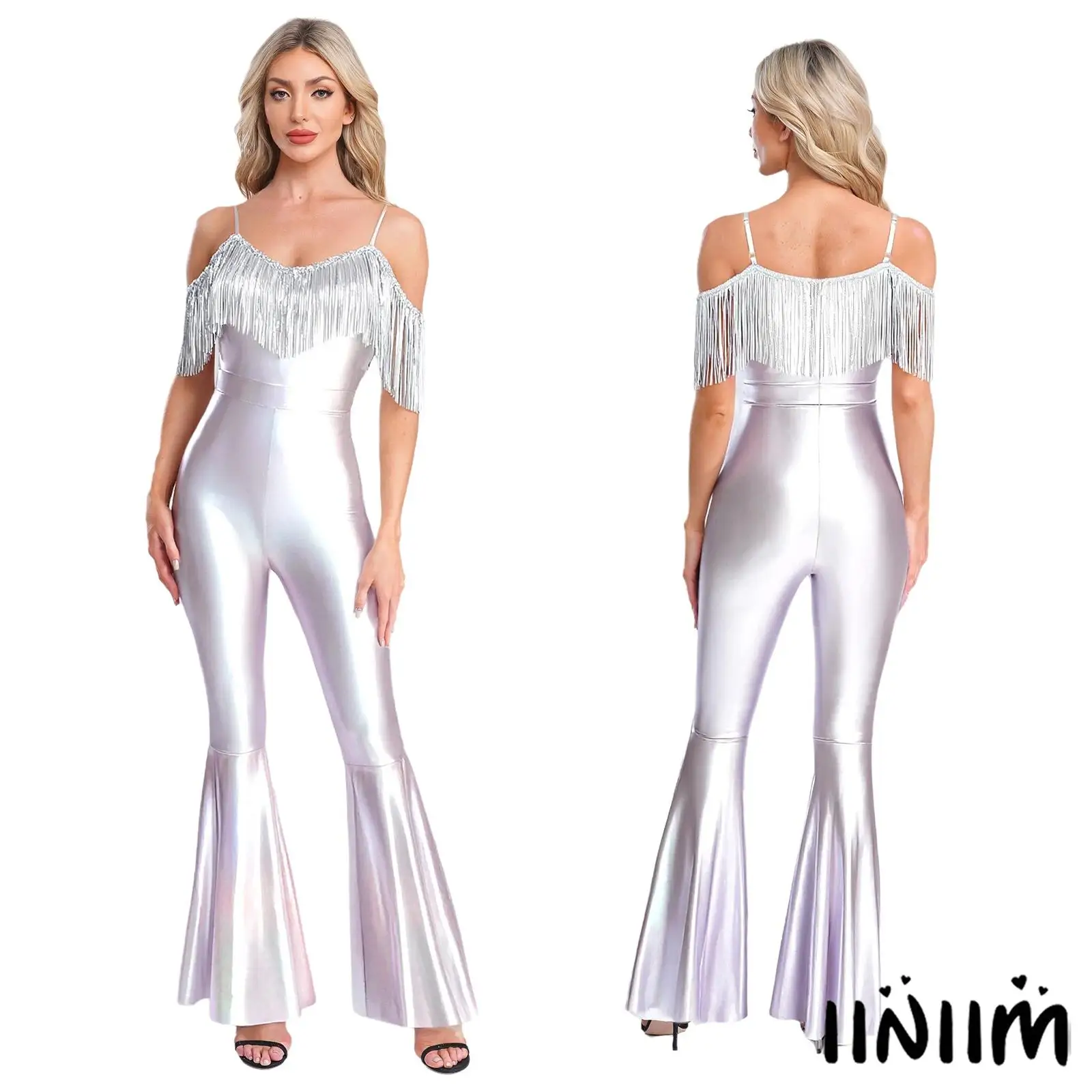 

Womens Metallic Shiny Jazz Dance Jumpsuit Sequin Tassel Sleeveless Bell Bottom Long Pants Bodysuit Romper Jazz Disco Dance Wear