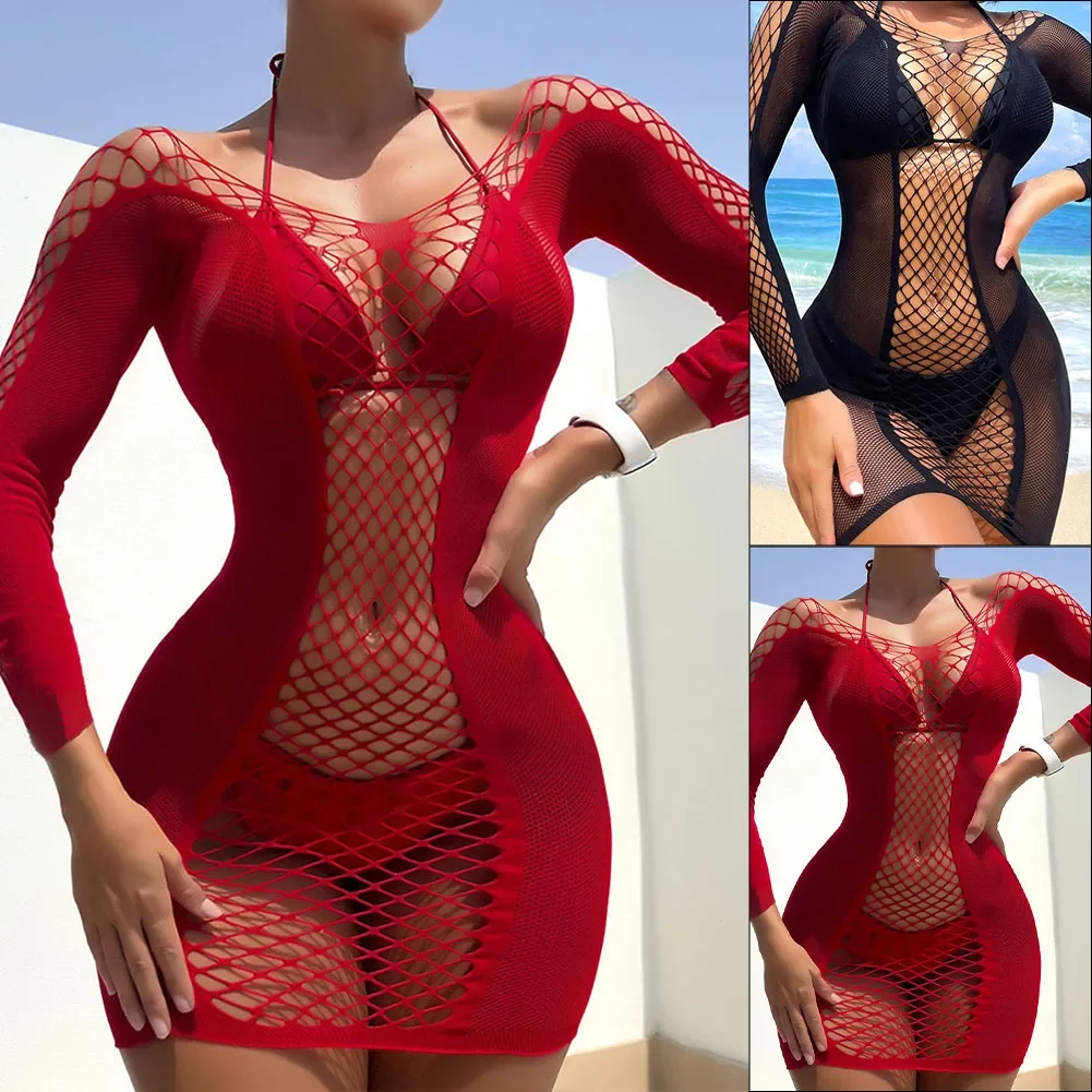 Sexy Women Elastic Lingerie Bodystocking Fishnet Hollow Dress Bodysuit Nightwear Bikini Cover Up Night Club Fantasy Erotic Wear