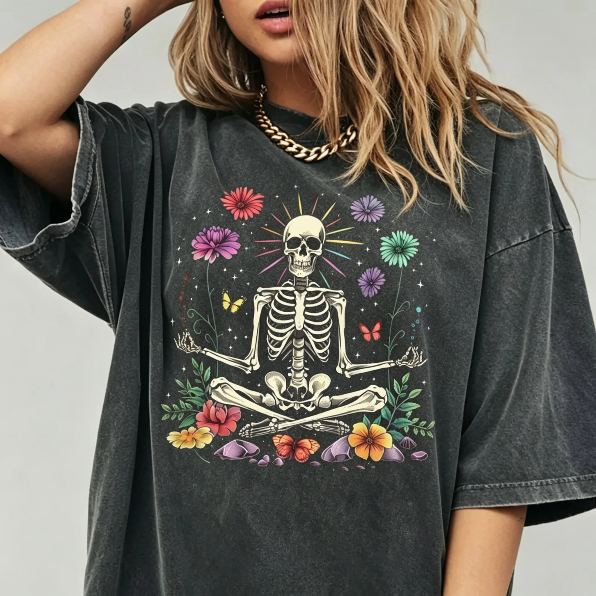 Vintage Washed T‑Shirt Meditation Skeleton Floral Butterfly Graphic Tee Retro Gothic Aesthetic Loose Oversized Short Sleeve Top
