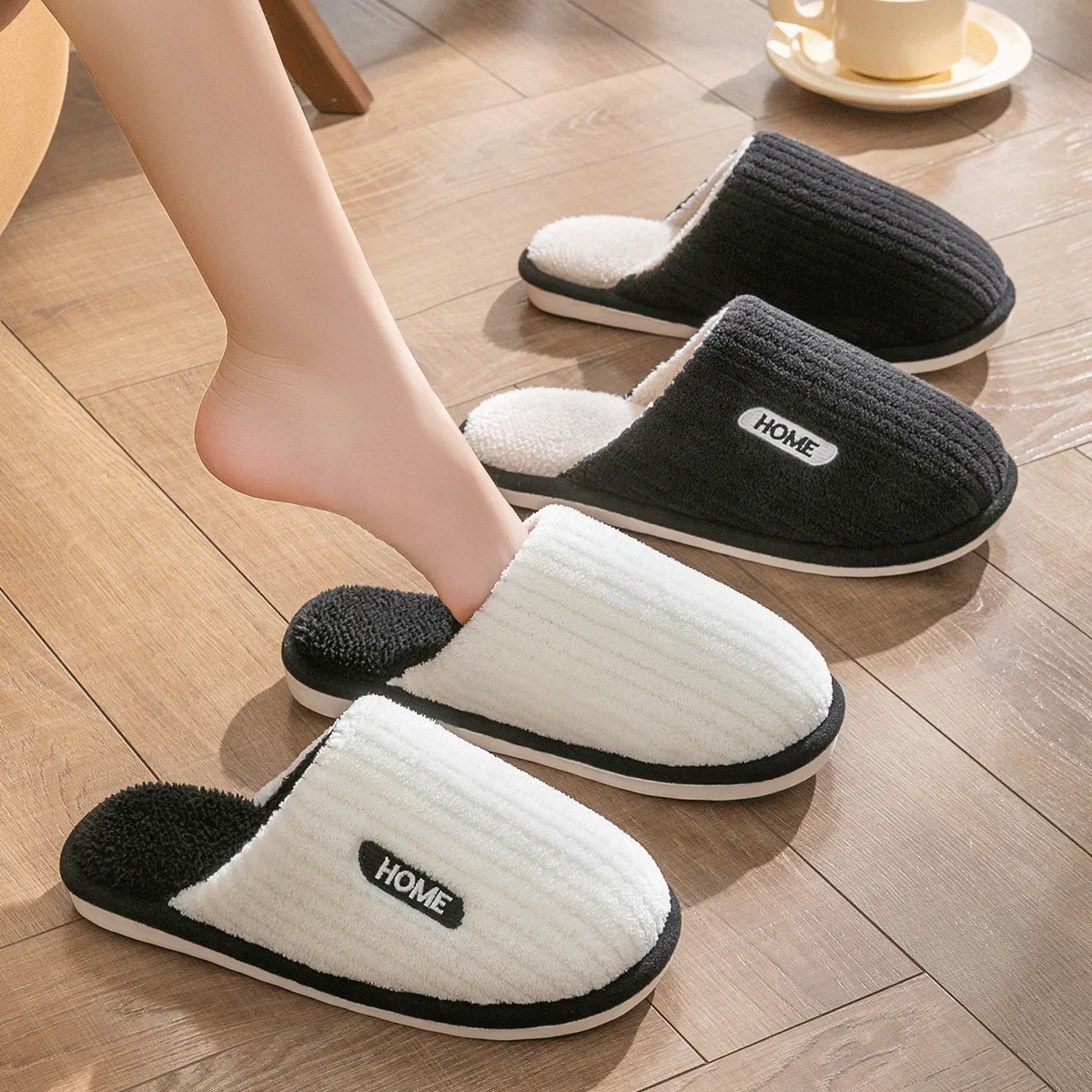 Couple Slippers Men Casual Flats Indoor Stripe Fluffy Anti-skid Flip Flops Soft Warm Plush Slipper Women's Winter House Shoe