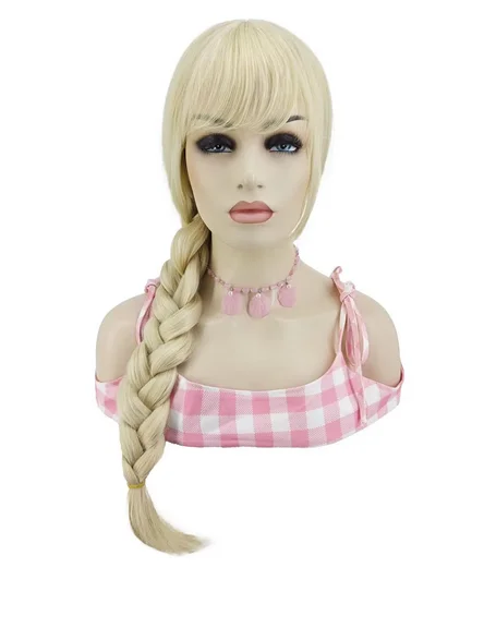 Barbie Movie Blonde Wig for Women Cowgirl Costume with Braids Long Braided Blonde Wig with Bangs for Costume Party