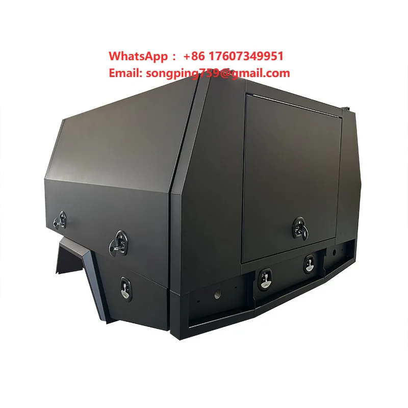 Dual Cab Chassis Mount Canopy 3 Door Sand Black with Unit Struts on Roof, Side, Floor Aluminium Service Body with Toolbox Combo