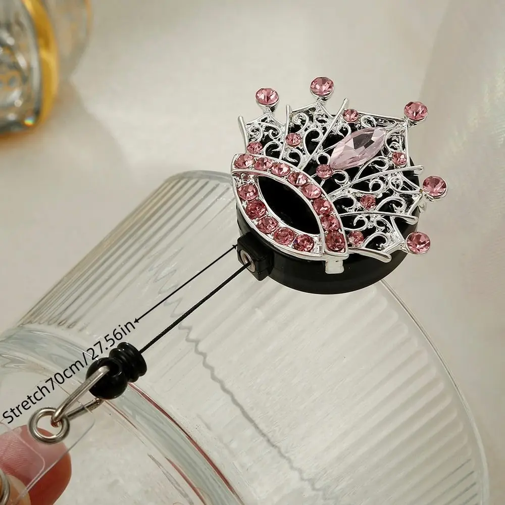 Rhinestone Crown Badge Reel Rotation Diamond ID Card Holder Easy-pull Name Card Retractable Badge Holder Office Accessories