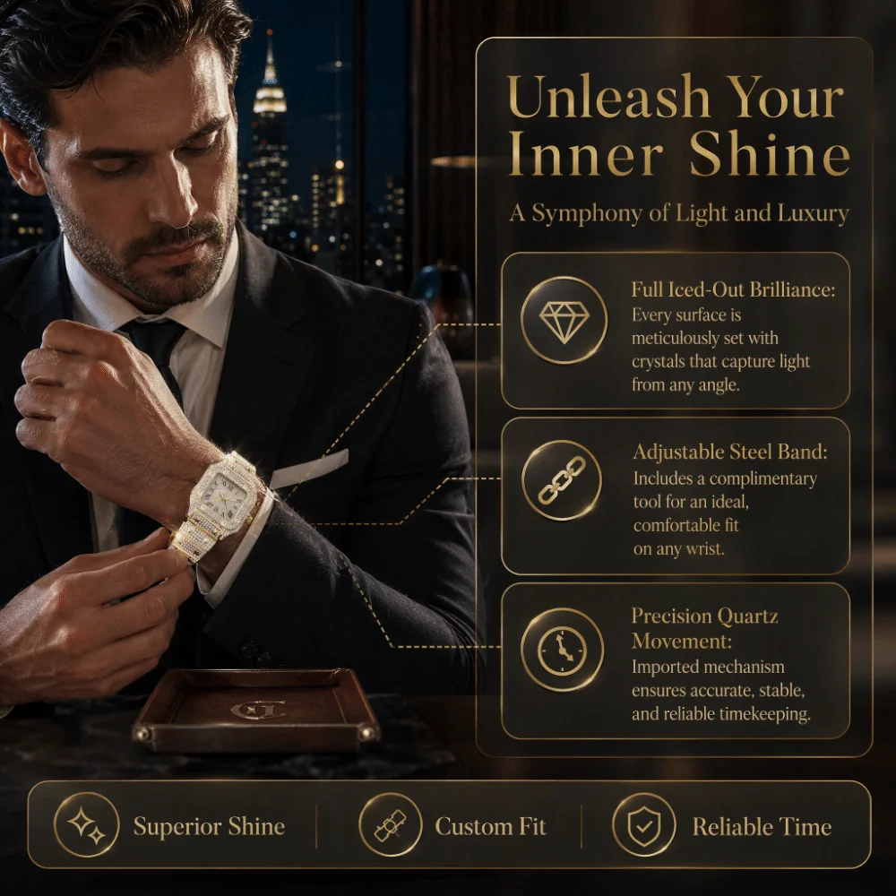 Waterproof Classic Luxury Business Watch Steel Strap Square Quartz Wristwatch Rhinestone Roman Scale Men Watch Luxury Accessory