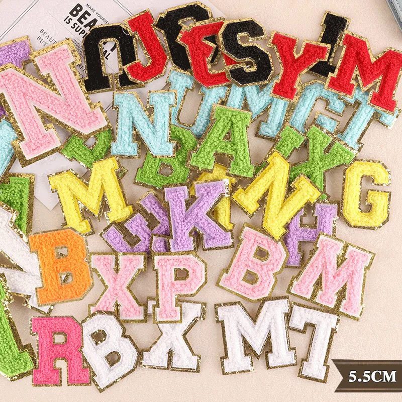 

1set A-Z letter patches embroidered label towel with gold edge and English letter patch Self-adhesive patches