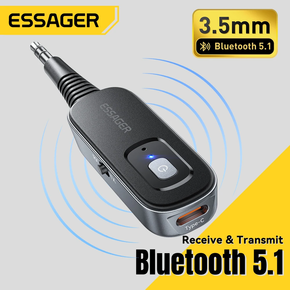 Essager 2 w 1 Bluetooth 5.1 Odbiornik audio Nadajnik 3,5 mm Jack z mikrofonem Stereofoniczny adapter bezprzewodowy do głośników samochodowych PC TV