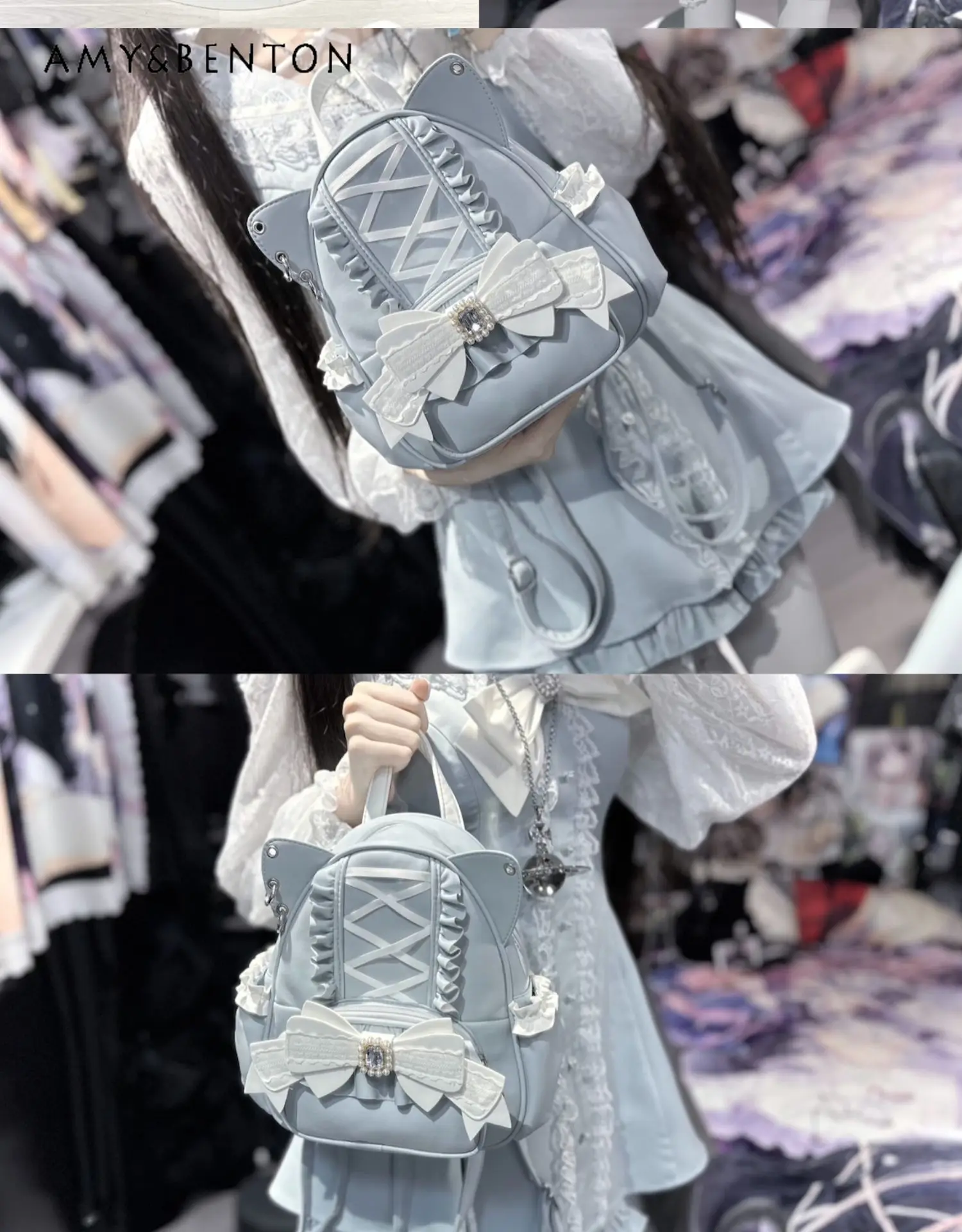 

Original Cat Ear Kawaii Backpack Women Japanese Mine Series Mass-produced Cute Rhinestone Bow Mini Backpack Lolita Sweet Bag