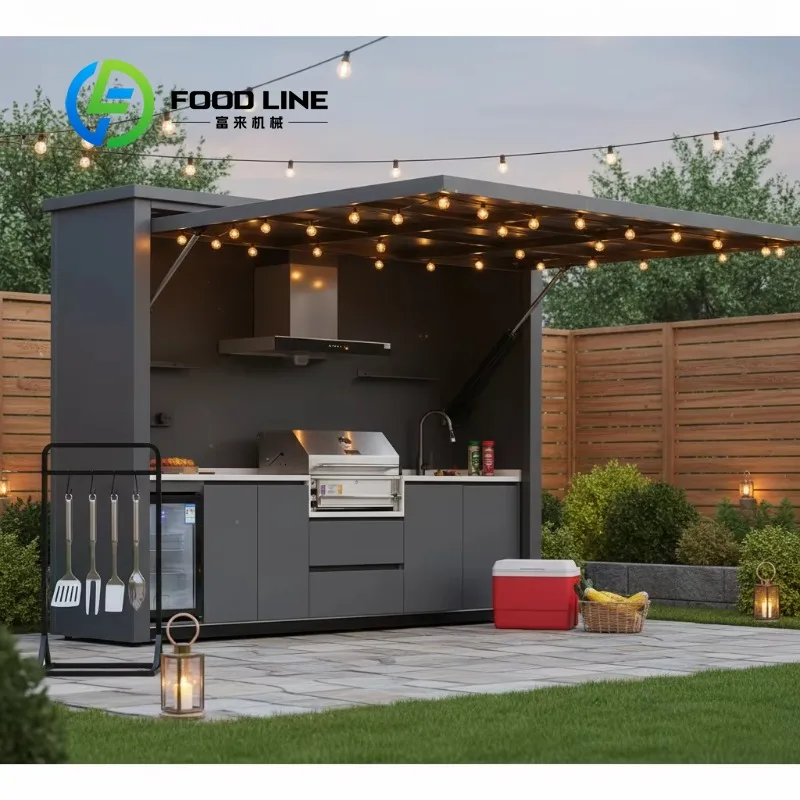 Customized Shape Aluminum Outdoor BBQ Kitchen Set With Roof Bar Counter Patio Charcoal Grill Station For Backyard Garden Cooking