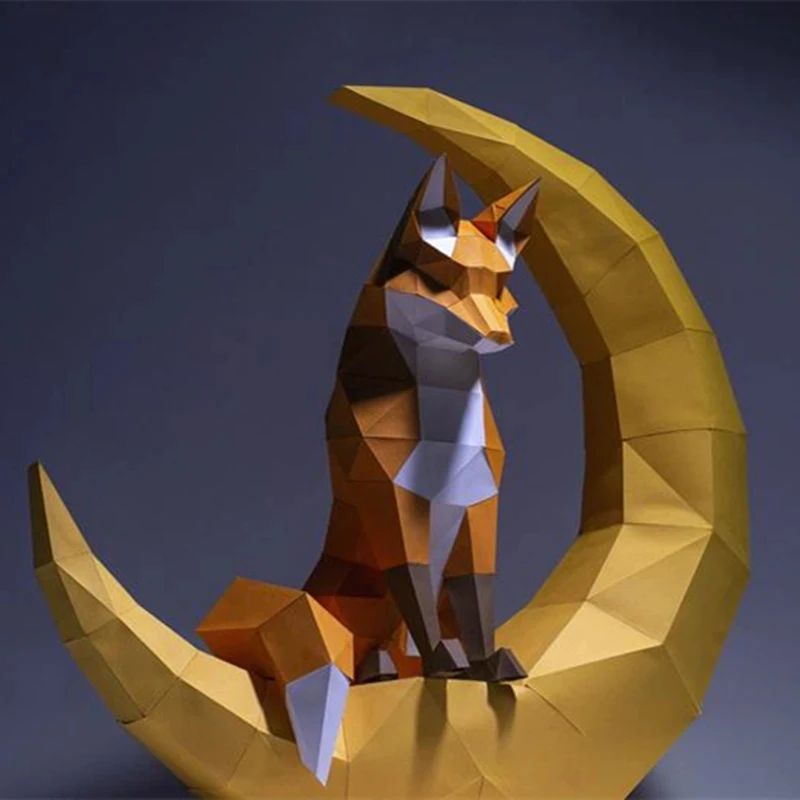 60cm Moon Fox Paper Model Origami DIY Low Poly Paper Craft Animal Home Decor Children\'s Room Decoration Adults Handmade Toy Gift