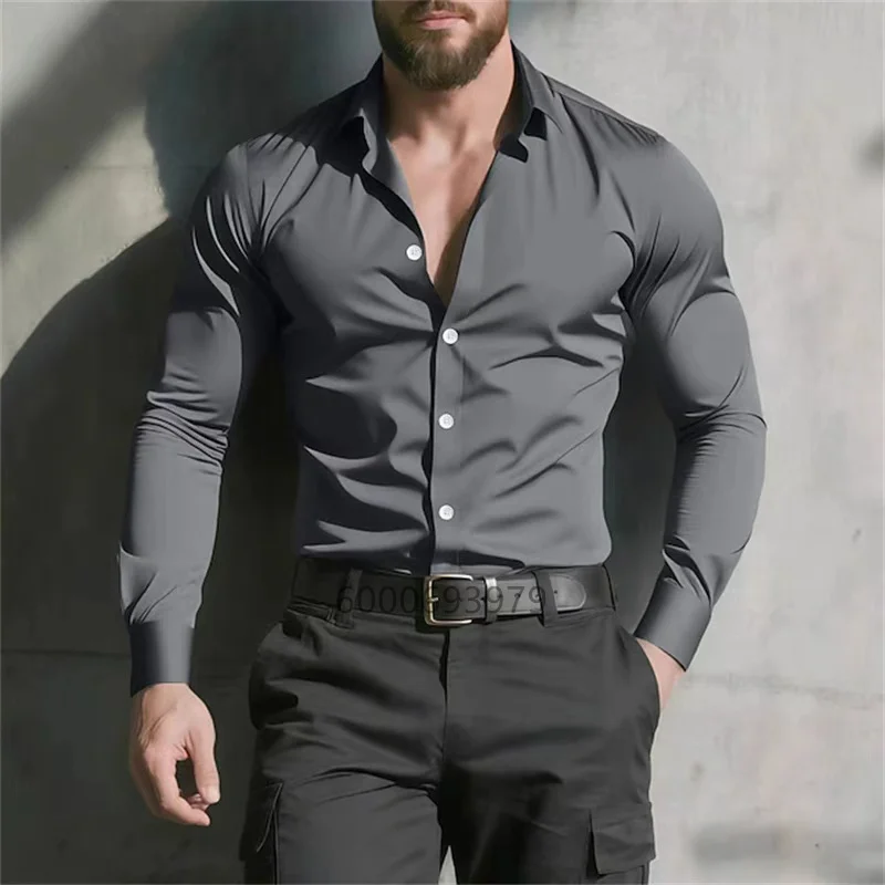 2026 New Style Solid Color Men's Casual White Shirt, Stylish Casual Long Sleeves, Stretch Fabric, Business Shirt, Fast Shipping