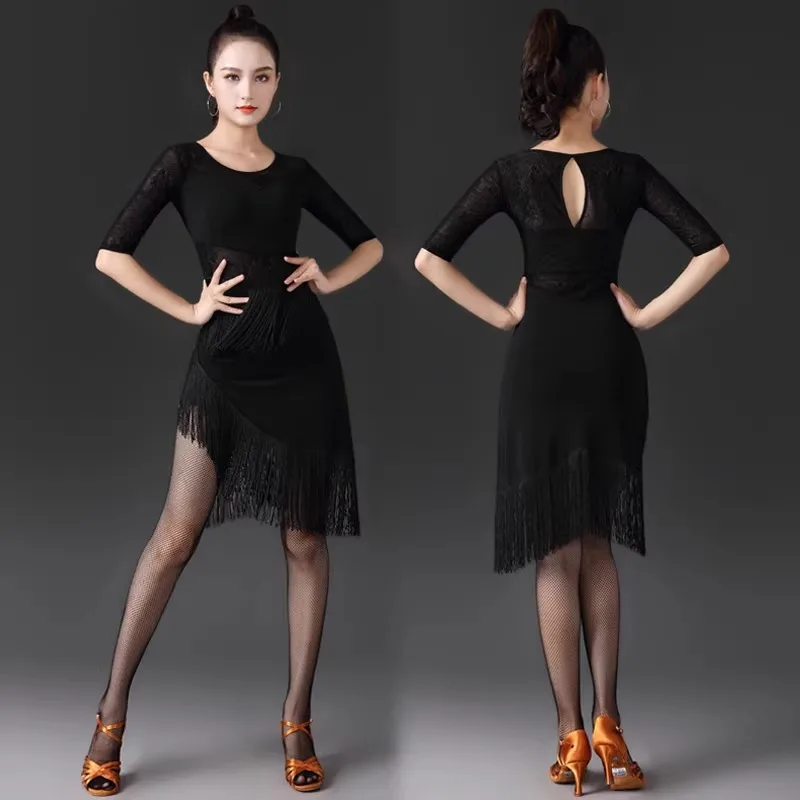 

2024 New Latin Dance Skirt Women's Authentic Mid sleeved Crystal Cotton Tassel Black Standard Dance Practice Competition Dress