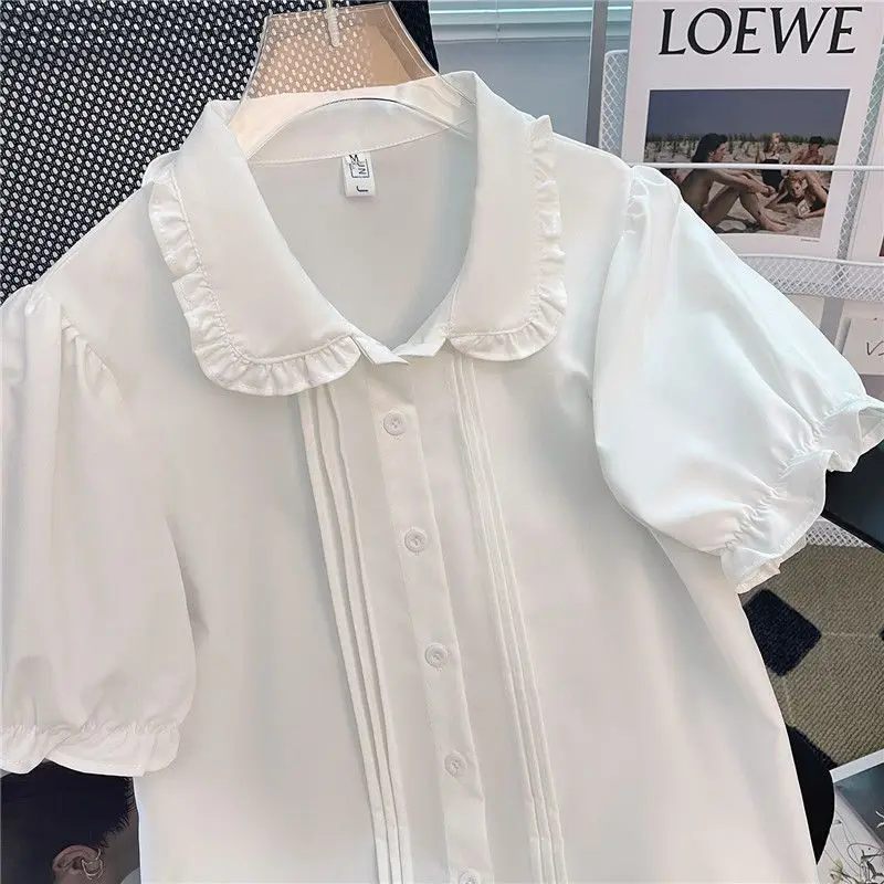 White Shirts Women Peter Pan Collar Puff Sleeve Simple Basic Korean Style Students Kawaii JK Summer Sweet Age-reducing All-match