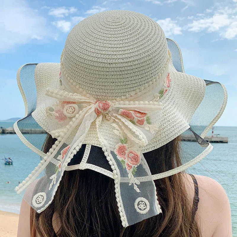 

Flower lace streamer sun hat fashion new spring and summer travel vacation beach sunshade sunscreen wavy edge straw hat