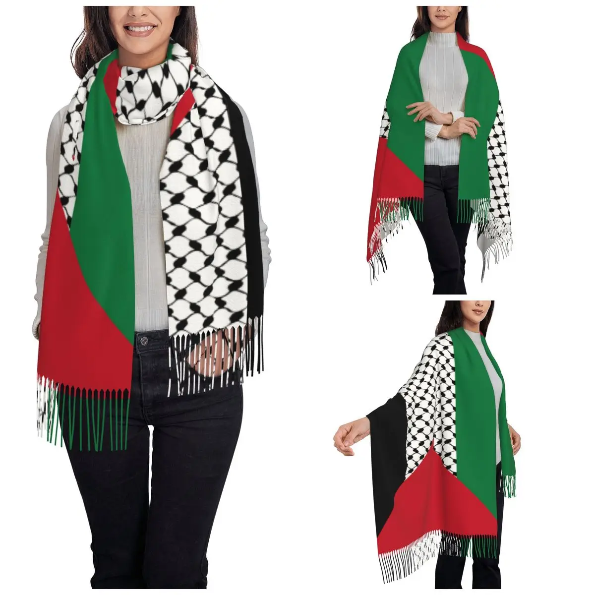 Palestine Flag Scarf for Womens Fall Pashmina Shawl Wrap Palestinian Hatta Kufiya Keffiyeh Large Scarves with Tassel for Ladies