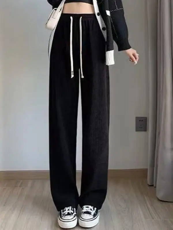 بنطلون نسائي واسع الساق من القطيفة المبطنة بصوف الحملان، سميك وعصري للخريف والشتاء، دافئ ومستقيم القصة