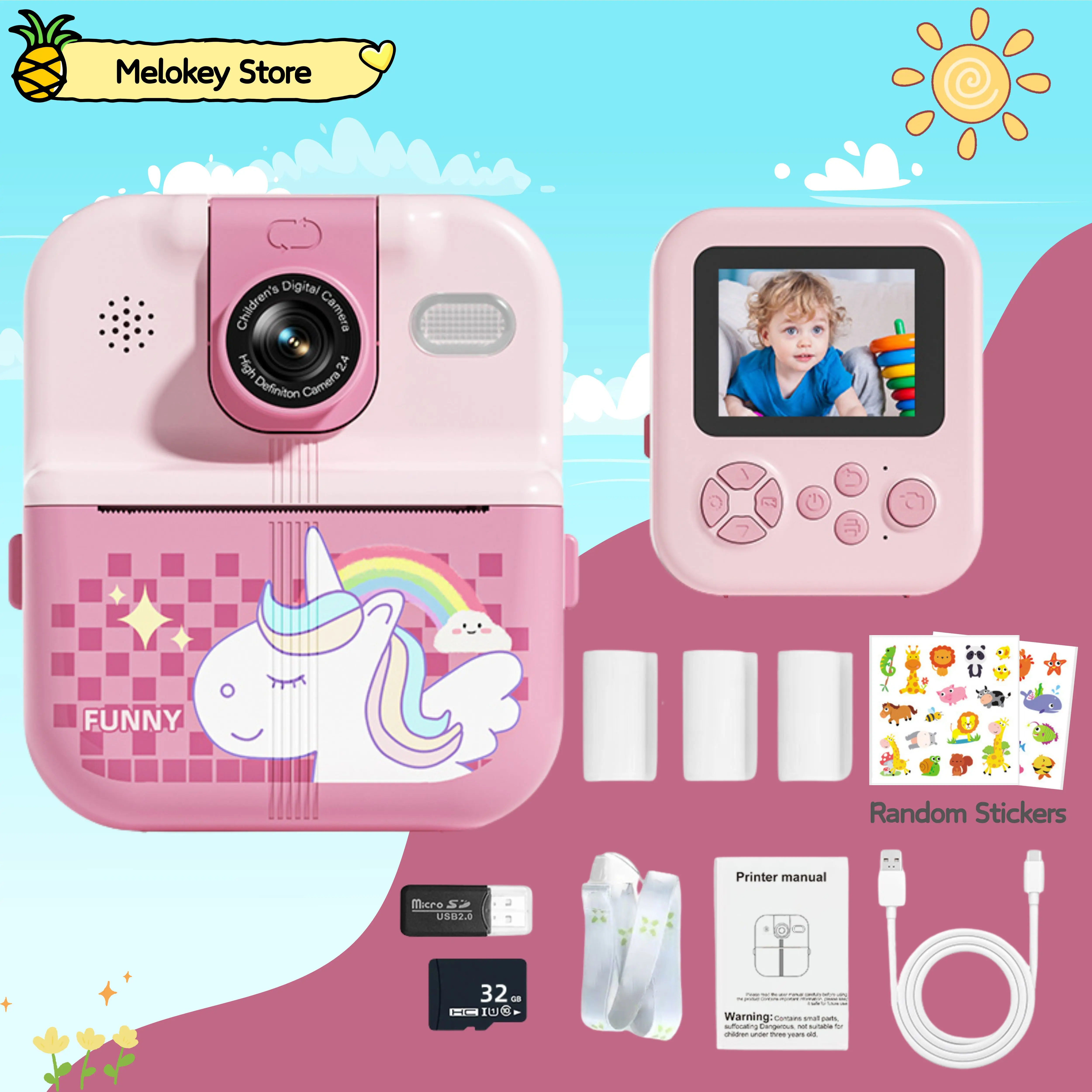 Cute Kids Mini Camera Set Photo Printer Pink Digital Children Video Camera Photography Instant Print Photo Mini Thermal Printer