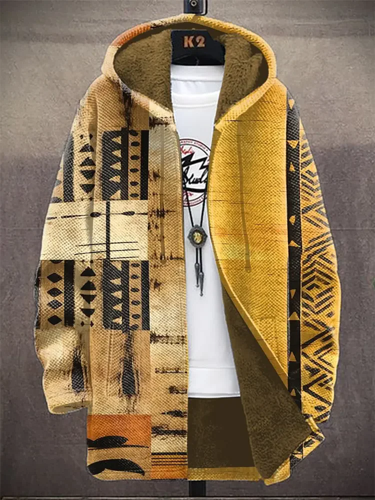 

Men's African Folk Patterns Contrast Color Print Fleece Lined Hooded Trench Coat Cardigan Hoodies Fleece Lined Zipper Coats