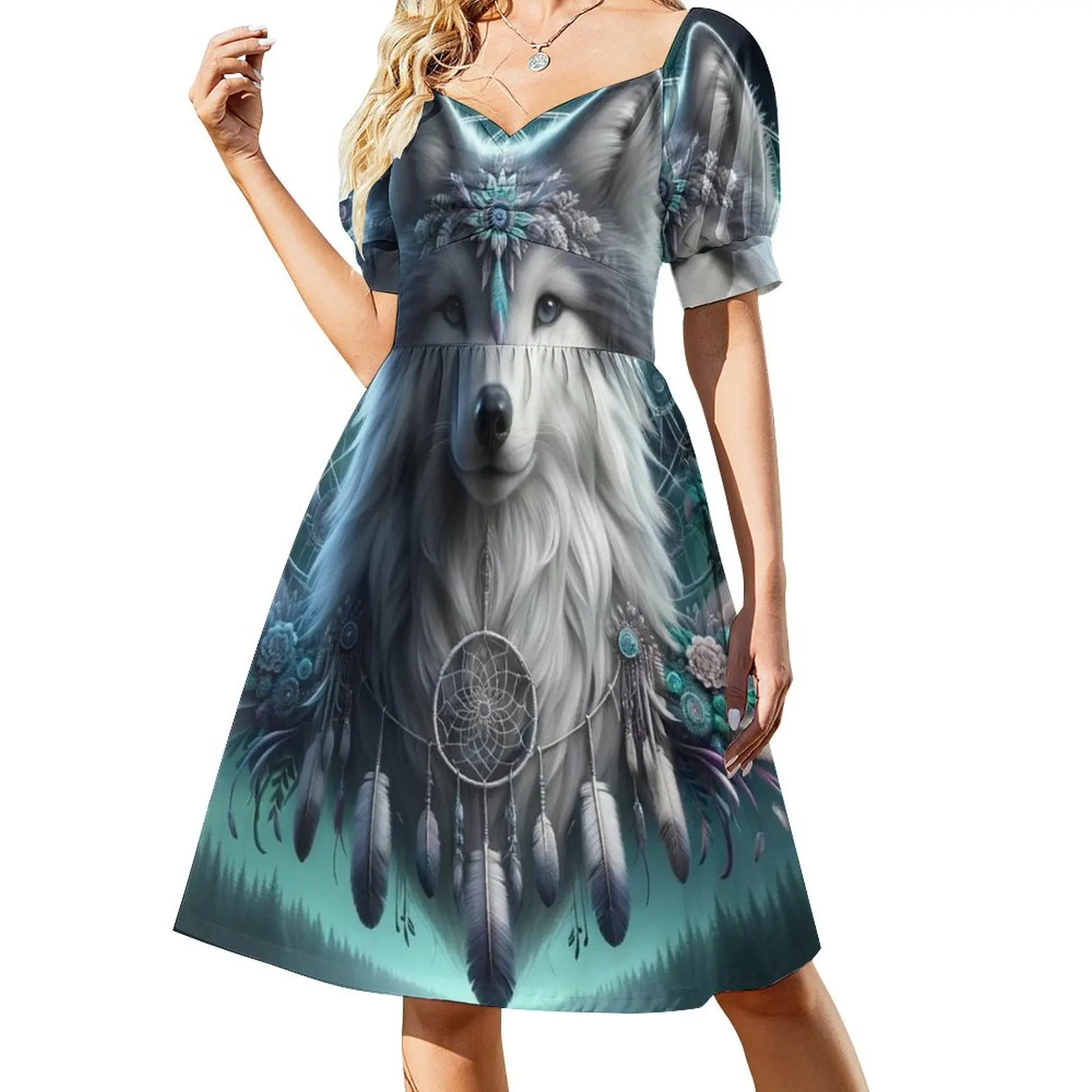 The Lunar Wolf, Guardian of Dreams Short-Sleeved Dress women clothes party dresses women Clothing Party dresses