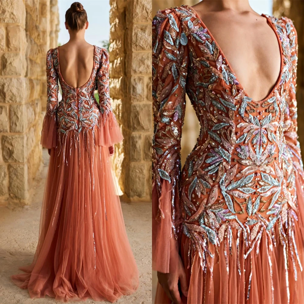 تخصيص لينة الأورجانزا الخامس الرقبة مساء اللباس رائعة مطرزة فساتين السهرة مزاجه طويلة الأكمام فساتين المناسبات الخاصة