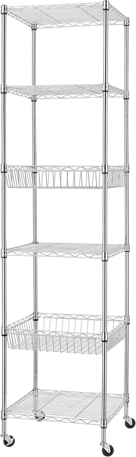 

Heavy Duty 6-Tier Wire Shelving Unit with Wheels, Adjustable Storage Rack for Kitchen Bathroom Office, NSF Certified