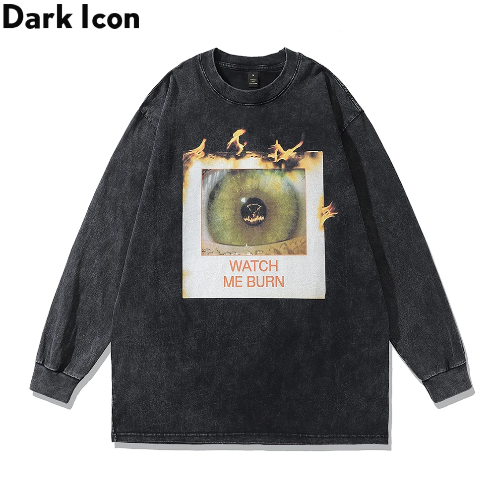 

Dark Icon Watch Me Burn Washed Cotton Men's T-shirt Long Sleeve High Street Tshirts for Man