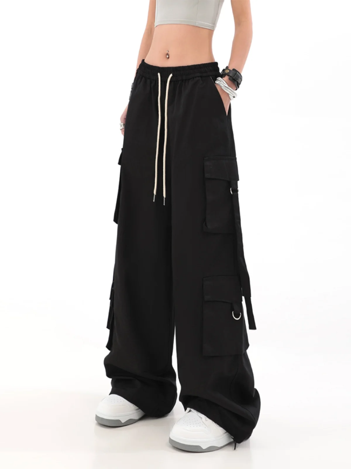 

WCFCX STUDIO 90S Vintage Black Sweatpants for Women Oversize Pants Harajuku Y2K Aesthetic Low Waist Wide Leg Baggy Trousers