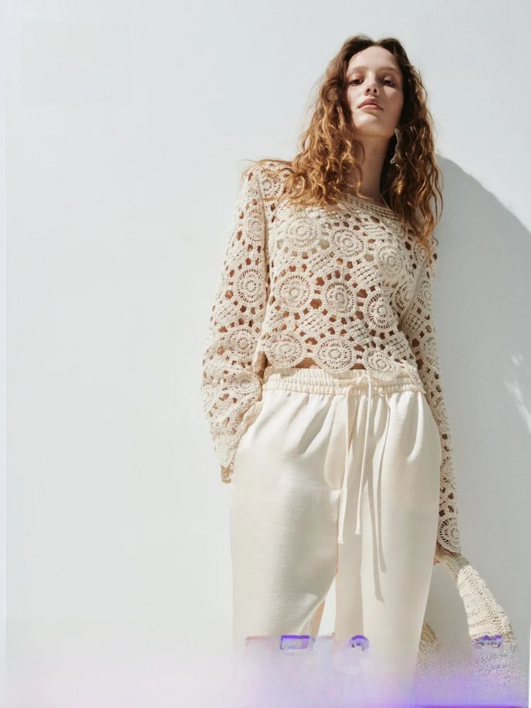 

H&M Women's Knitted Sweater Summer New Hollow out Crochet Style Vacation Atmosphere Loose Fit Regular Thickness Vintage Style