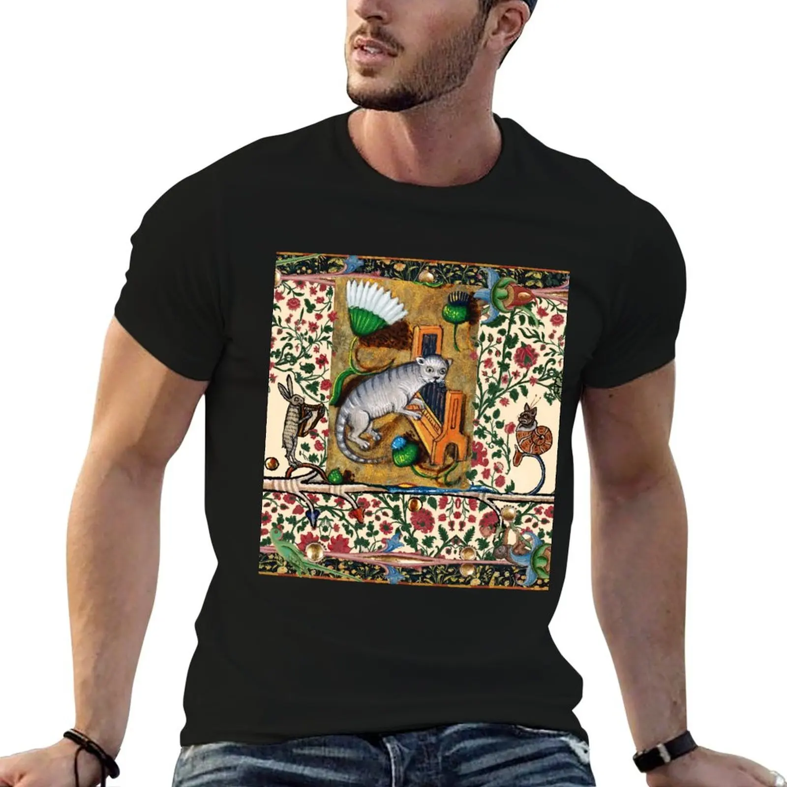 WEIRD MEDIEVAL BESTIARY MAKING MUSIC,Cat Playing Organ,Harpist Rabbit,Snail Cat T-Shirt vintage tees mens fashion