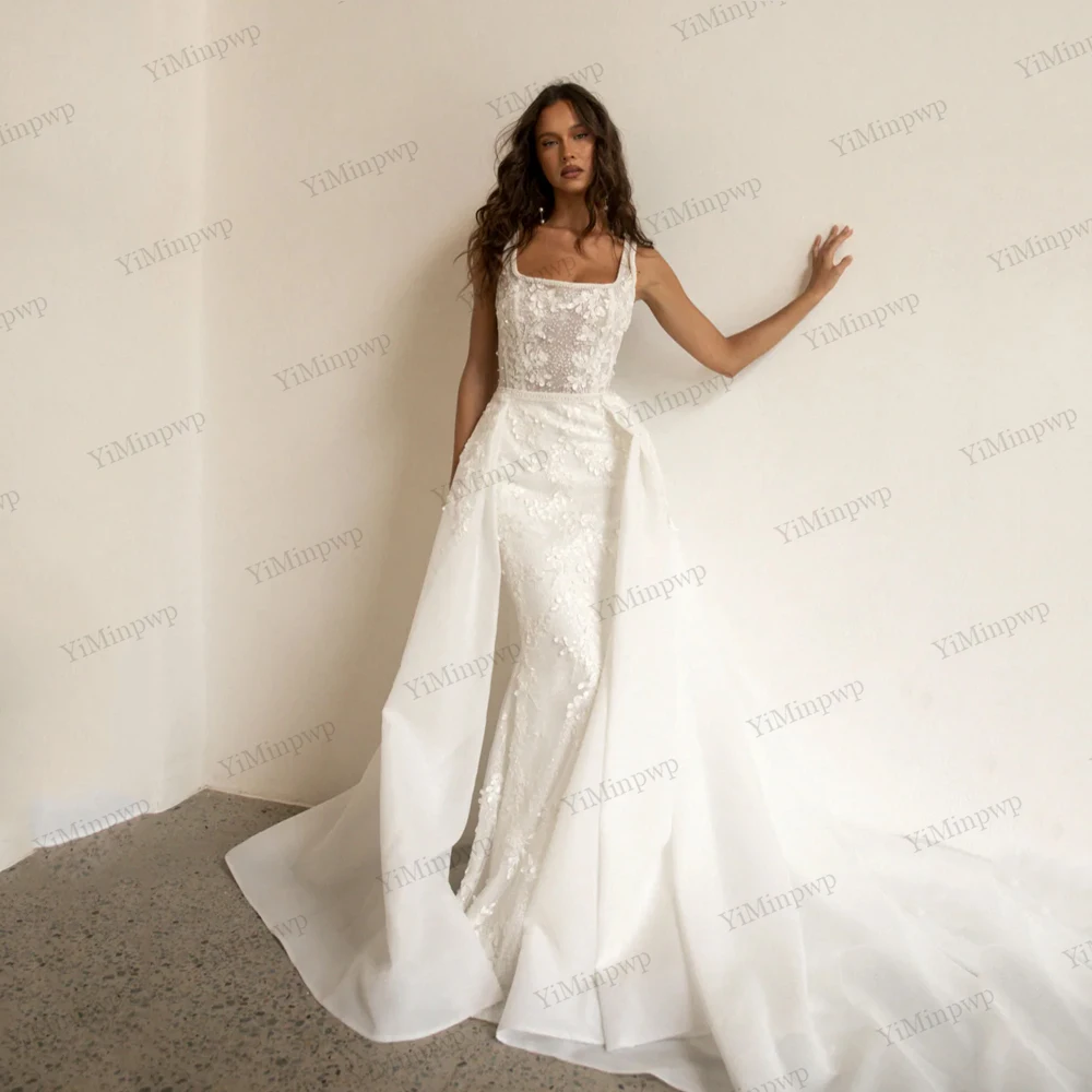 

Vestidos De Novia Tulle Mermaid Wedding Dresses with Detachable Train Spaghetti Straps Beaded Vintage Robe Mariage Customized