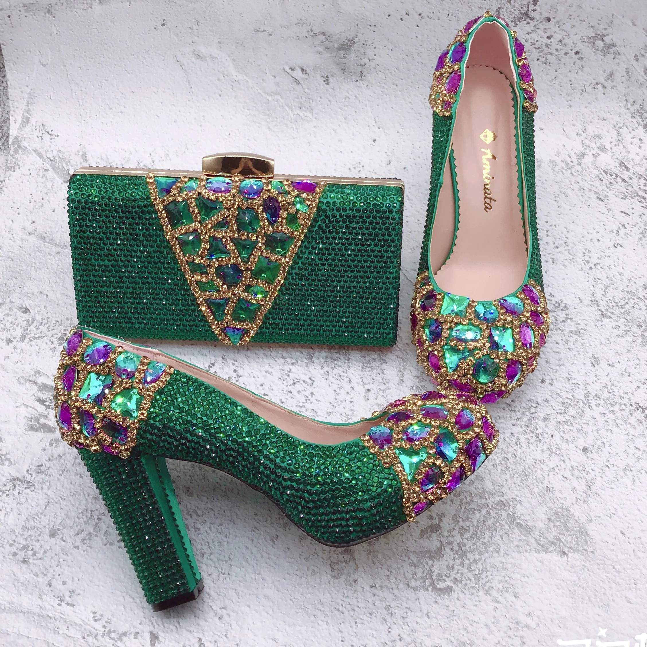 BS1642 New Design Luxury Custom Made Bridal Wedding Green Crystal Shinning Rhinestone Shoes And Bag Set For Women