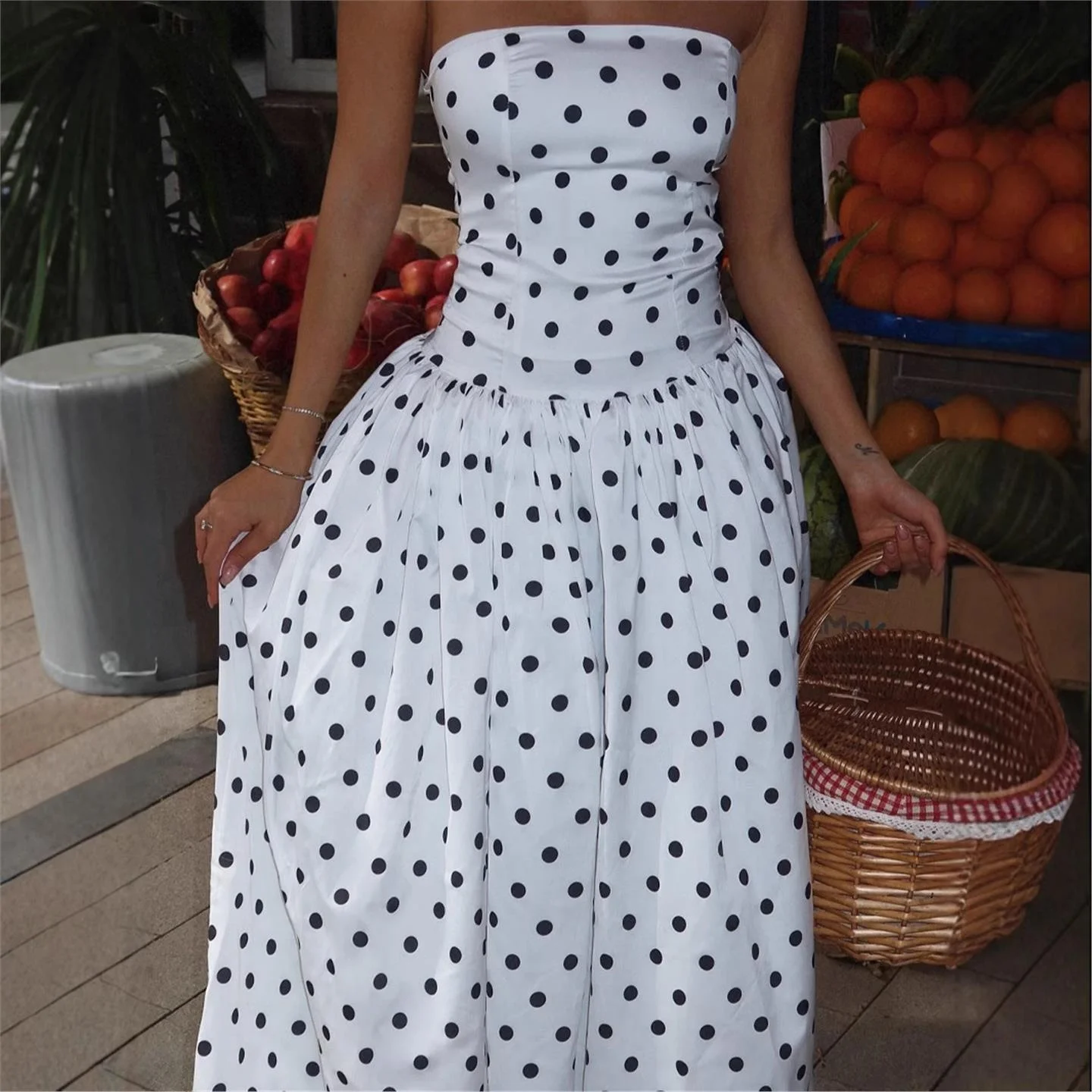 

Faionable Polka Dot ter Dr Sexy oulder Bared Top High Waist Princ Sle Tee Acetate Fiber Skirt for Ci Walk