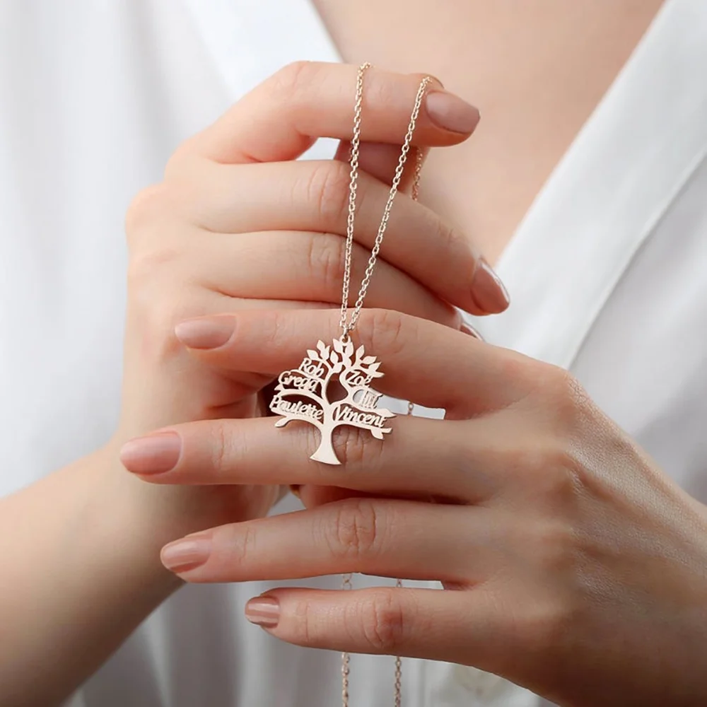 

Mini-World New Custom Family Tree Of Life Name Necklace Stainless Steel Nameplate Necklace Personalized Jewelry Mom Xmas Gift