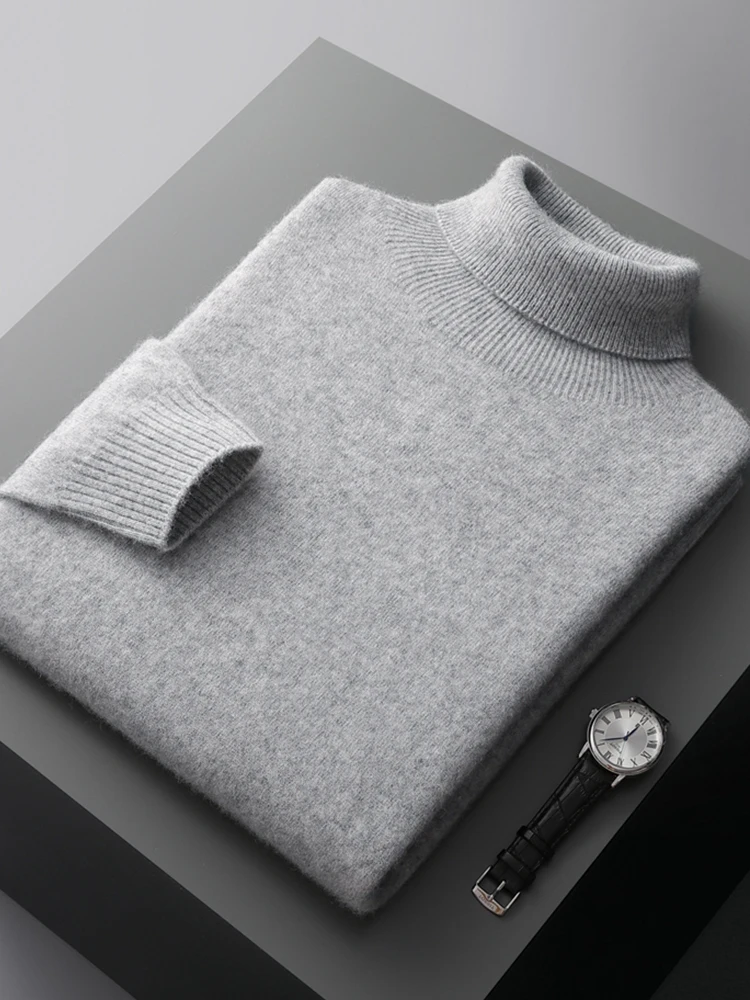 Men\'s Autumn Winter Cashmere Sweater Turtleneck Pullovers 100% Merino Wool Knitwear Sweater Smart Casual Warm Basic Clothing