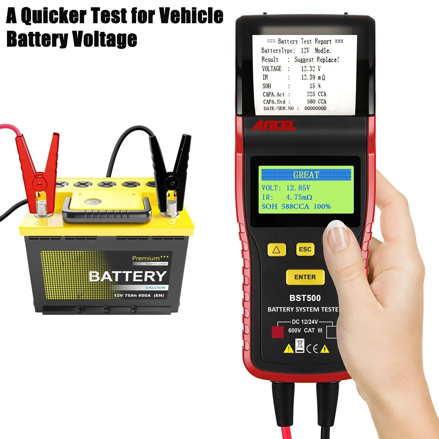 ANCEL BST500 12V 24V Car Battery Load Tester Thermal Printer Car Battery Analyzer Automotive Cranking Charging System Test