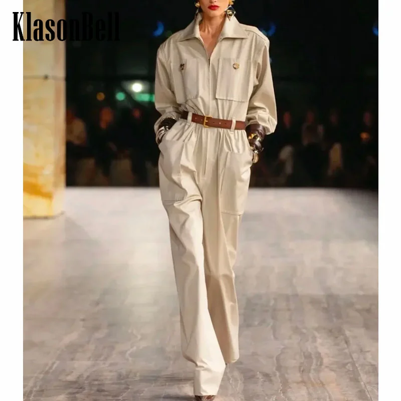 

7.21 KlasonBell Women Runway Cargo Style Jumpsuit Lapel Half Zipper Design With Belt Fashion All-match Long Sleeve Playsuits