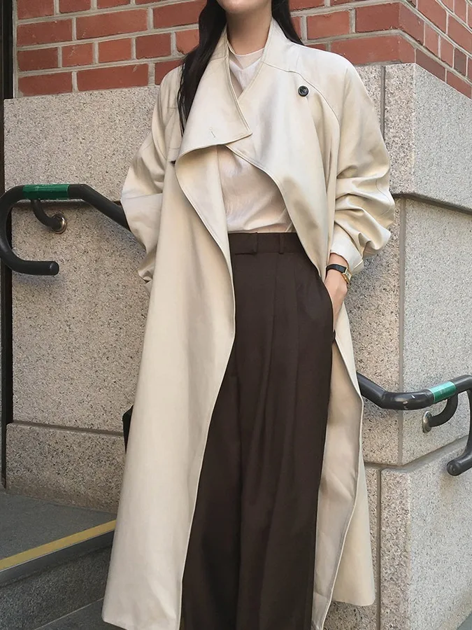 معطف نسائي طويل بتصميم كوري، تصميم فضفاض، ملابس خارجية متعددة الاستخدامات، موسم الشتاء، مادة أخرى كاملة #1