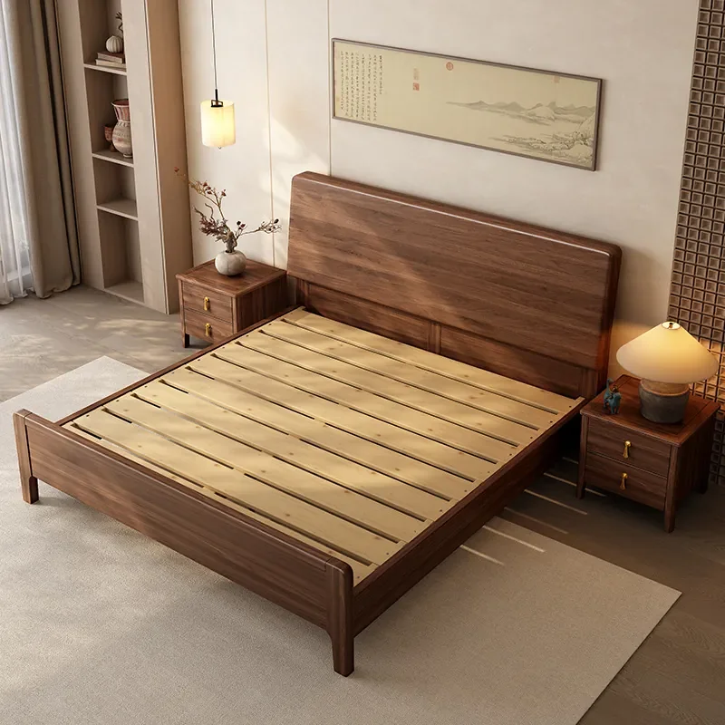 Solid Wood Walnut Bed for Nordic Style Modern Simple Master Bedroom Small Apartment 1.8m Double Bed One Piece Headboard