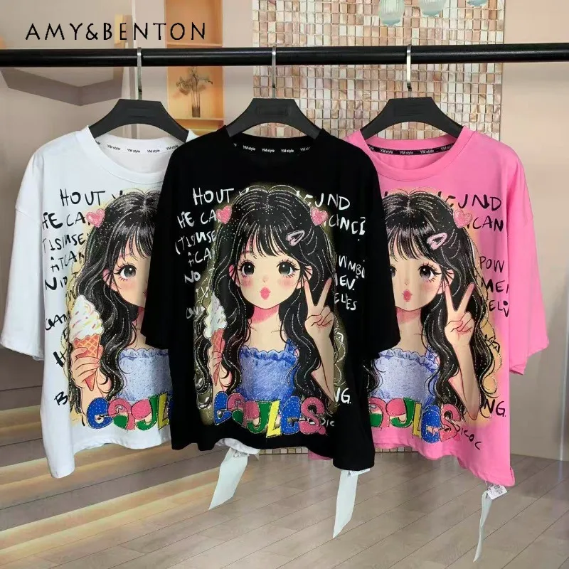 

Summer New Heavy Rhinestone Inlaid Cartoon T Shirt Cute Age Reducing Loose Short Sleeves Casual Daily Fashion Soft Top Tshirts