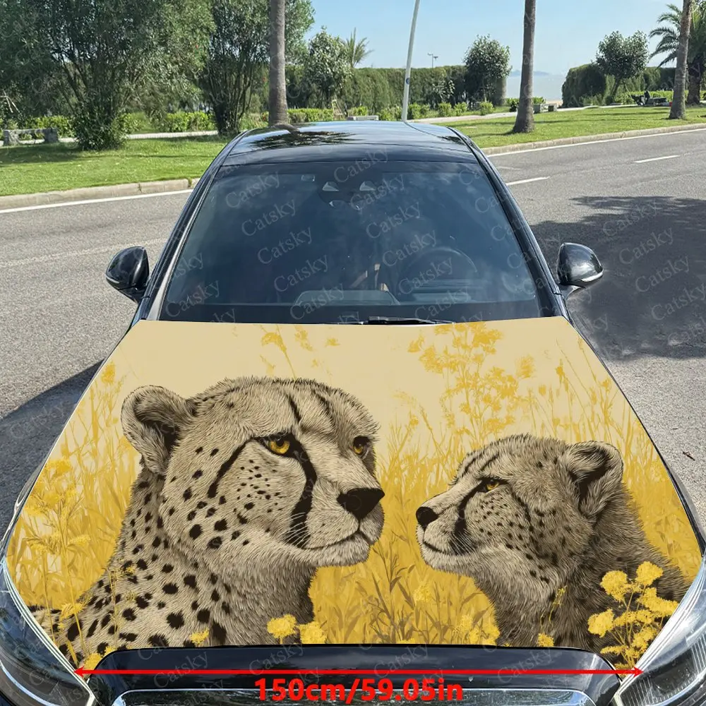 Car Decal Cheetahs with Yellow Textural Artistic Fusion Design, Creating a Mysterious and Agile Visual Car Hood Sticker, Waterpr