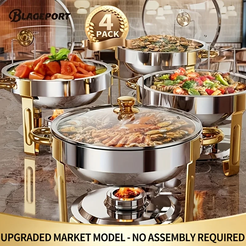 

4pcs Buffet Hot Pot Set, 5QT [95% Pre-Assembled] Round Buffet Hot Pot Set with Glass Lid And Lid Rack, Stainless Steel Hot Pot F